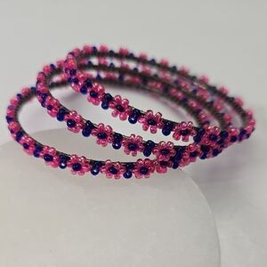 3 Pink and Blue Beaded Flower Bangle Bracelets